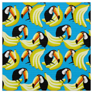 Banana Toucan Bright Blue Tropical Birds Pattern Fabric