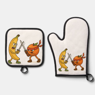 Banana vs. Ninja Orange – Epic Fruit Battle Oven Mitt & Pot Holder Set