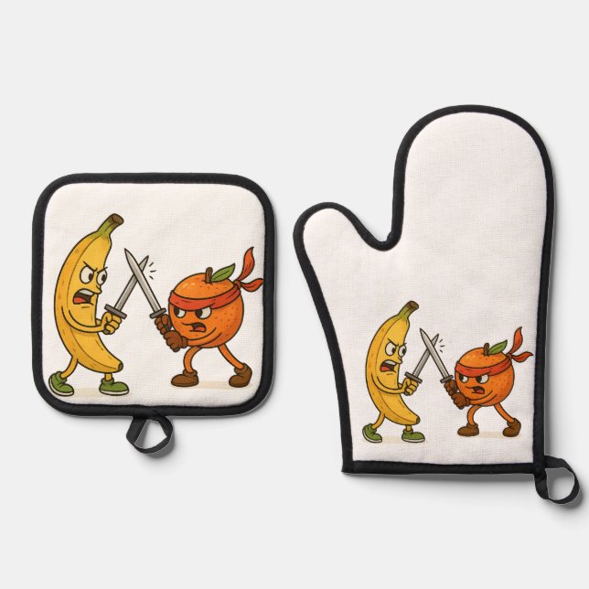 Banana vs. Ninja Orange – Epic Fruit Battle Oven Mitt & Pot Holder Set (Front)