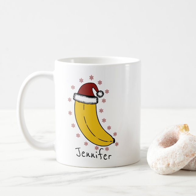 Banana with Christmas hat Personalised Name  Coffee Mug (With Donut)