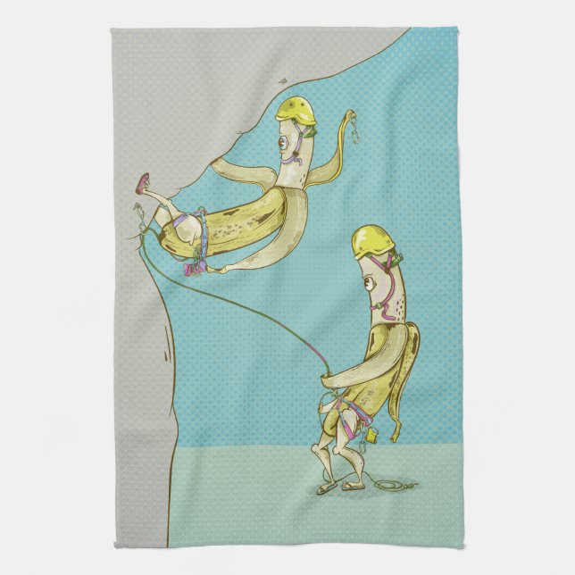 Bananas rock climbing funny fruit tea towel (Vertical)