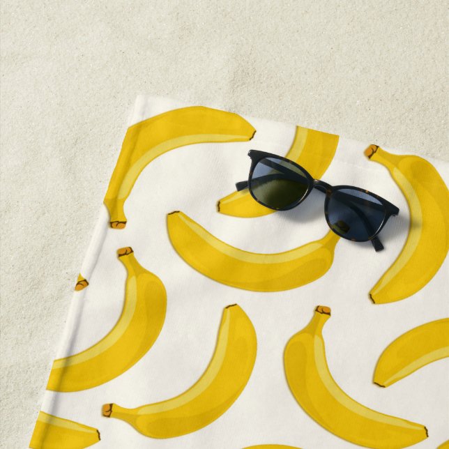 Bananas Tropical Fruit Print, Yellow and White Beach Towel (In Situ)