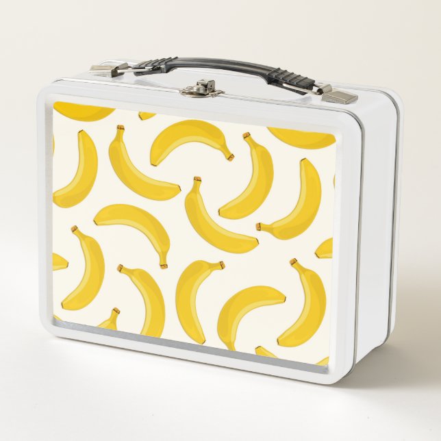 Bananas Tropical Fruit Print, Yellow and White Metal Lunch Box (Front)