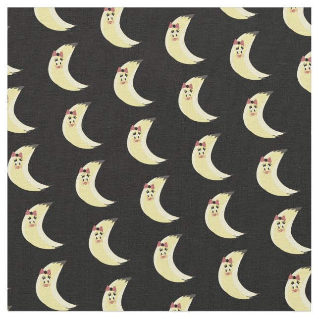 Bananas Yellow Cartoon Girl Black Pattern Fabric (Close Up)
