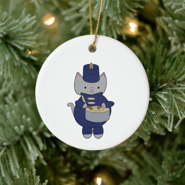 Band Drummer Cat Navy Blue Gold Personalize Ceramic Tree Decoration (Tree)