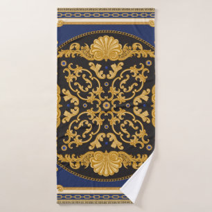 Bandana print on black and blue background, Gold c Bath Towel