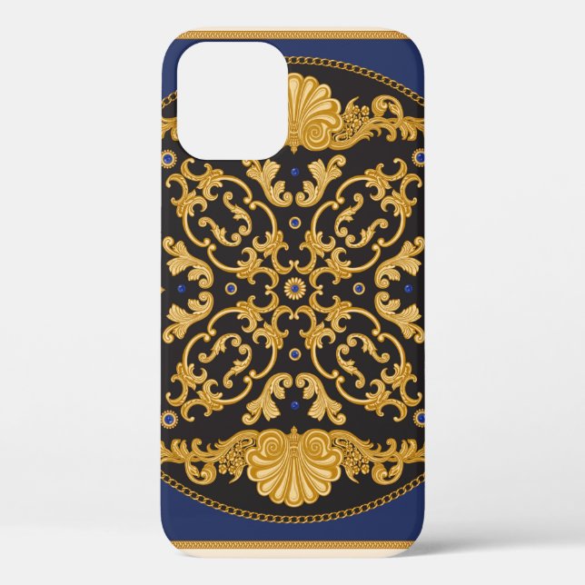 Bandana print on black and blue background, Gold c Case-Mate iPhone Case (Back)