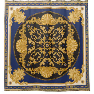 Bandana print on black and blue background, Gold c Shower Curtain