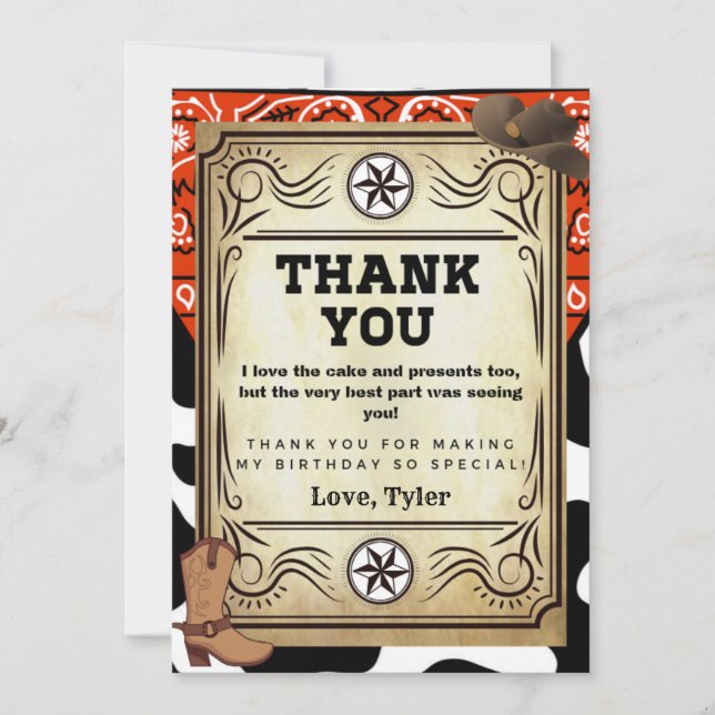 Bandanna Cowboy Birthday Party Thank You Card (Front)