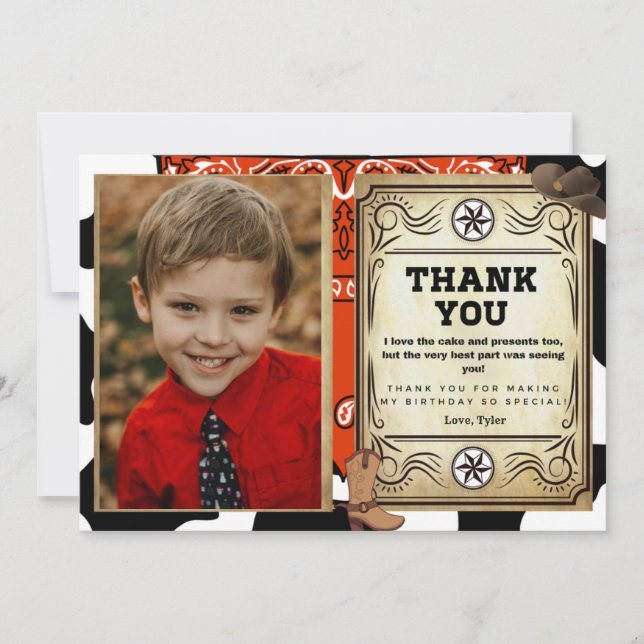 Bandanna Cowboy Birthday Photo Thank You Card (Front)