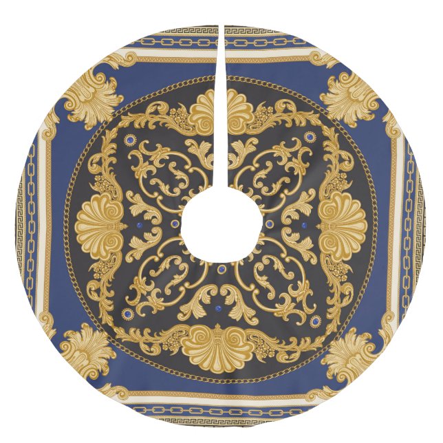 Bandanna Print: Black Blue Gold. Brushed Polyester Tree Skirt (Front)