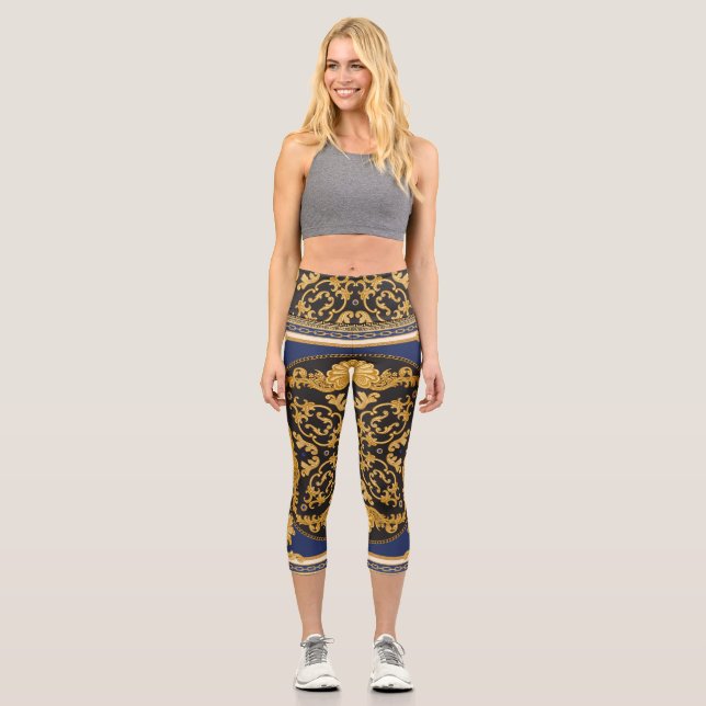 Bandanna Print: Black Blue Gold. Capri Leggings (Front)