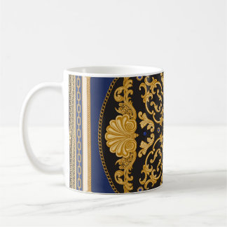 Bandanna Print: Black Blue Gold. Coffee Mug