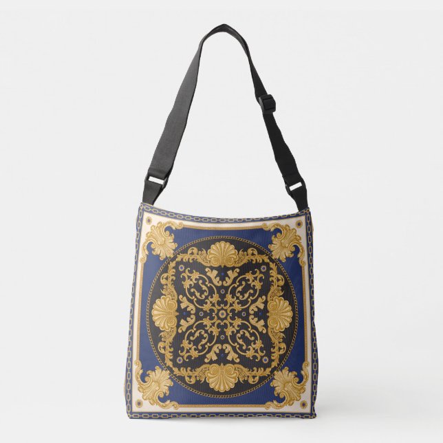 Bandanna Print: Black Blue Gold. Crossbody Bag (Front)