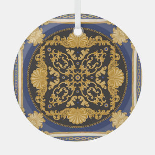 Bandanna Print: Black Blue Gold. Glass Tree Decoration
