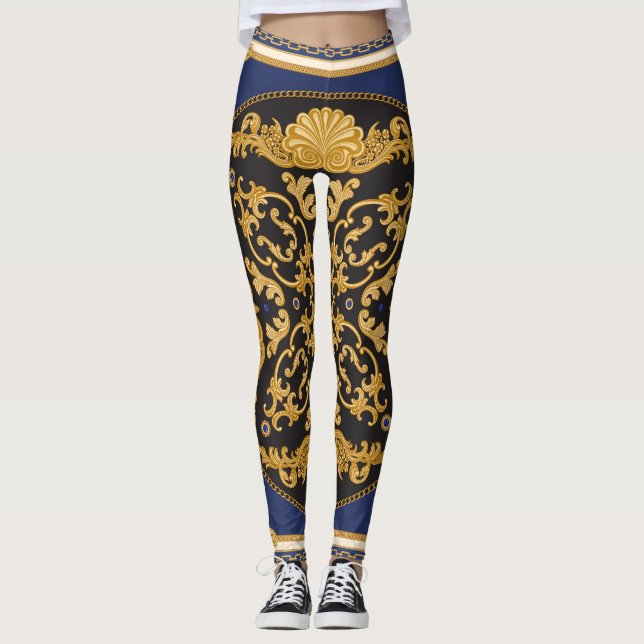 Bandanna Print: Black Blue Gold. Leggings (Front)