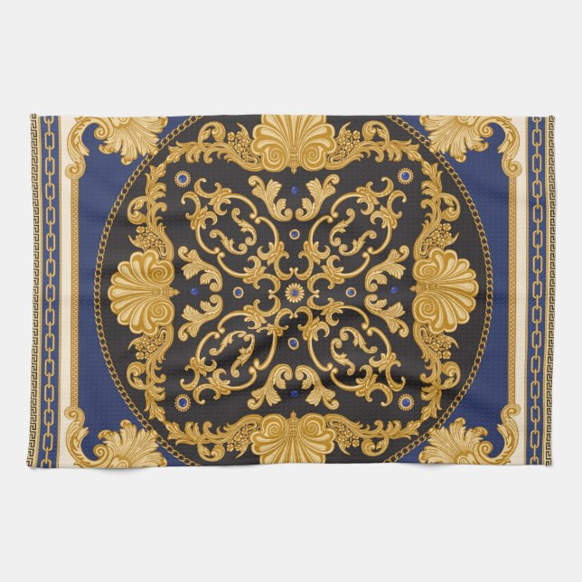 Bandanna Print: Black Blue Gold. Tea Towel (Horizontal)