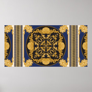 Bandanna print on black and blue background, Gold 