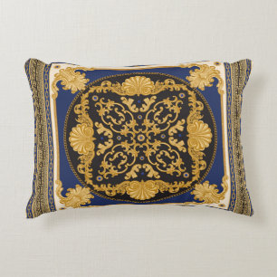 Bandanna print on black and blue background, Gold  Decorative Cushion