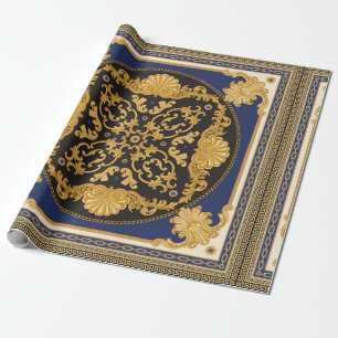 Bandanna print on black and blue background, Gold Wrapping Paper