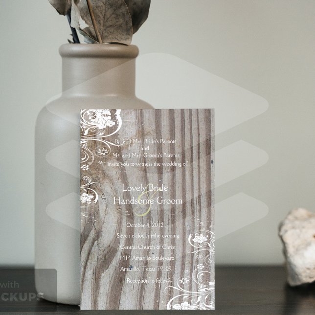 Banded Wood Look Shabby Lace Wedding Invitation (Creator Uploaded)