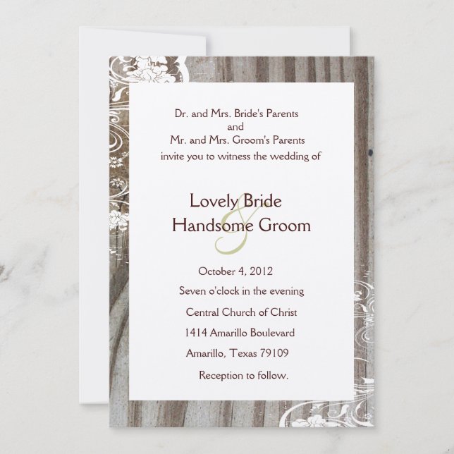 Banded Wood Shabby Lace Wedding Invitation (Front)