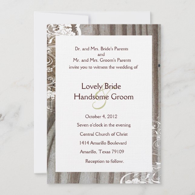 Banded Wood Shabby Lace Wedding Invitation, White Invitation (Front)