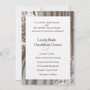 Banded Wood Shabby Lace Wedding Invitation, White Invitation