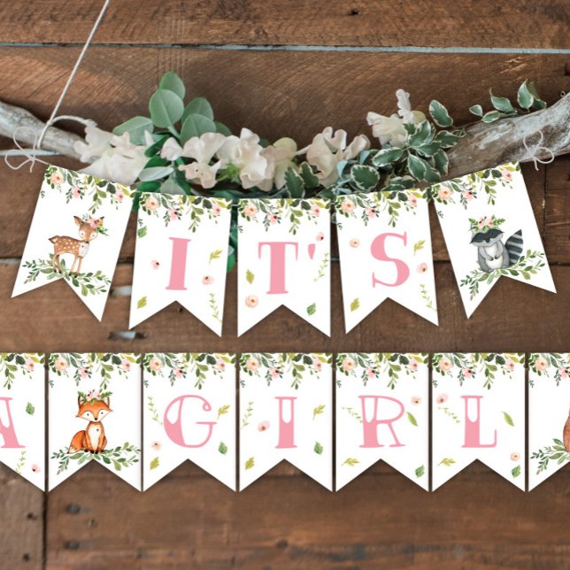 Banderines Cartel: It's a Wood Baby Shower Girl Bunting (IT'S A GIRL WOODLAND BANNER)