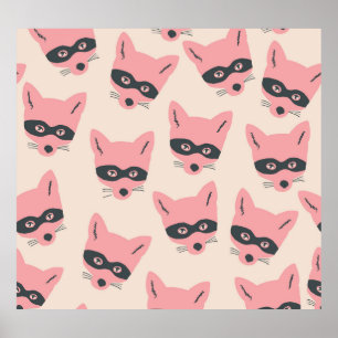 Bandit Fox Heads: Pink Beige Pattern Poster