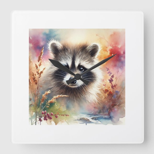 Bandit Racoon 080824AREF101 - Watercolor Square Wall Clock (Front)
