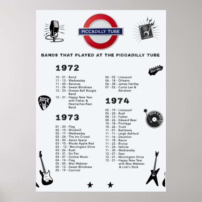 Bands - Piccadilly Tube 1972 1973 1974 Poster (Front)