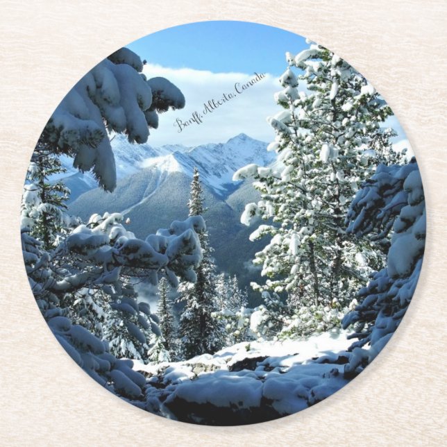 Banff, Alberta, Canada Snow Covered Round Paper Coaster (Front)