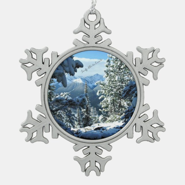 Banff, Alberta, Canada Snowflake Pewter Christmas Ornament (Front)