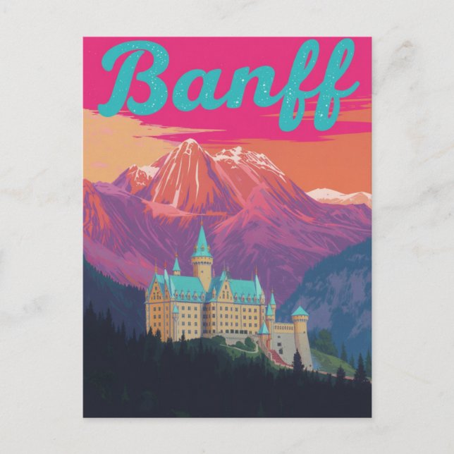 Banff Castle Mountains Retro Art Postcard (Front)