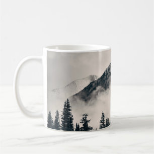 Banff national park foggy mountains and forest in coffee mug