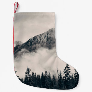 Banff national park foggy mountains and forest in  small christmas stocking