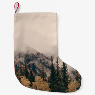 Banff national park foggy mountains and forest in  small christmas stocking