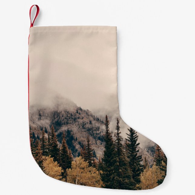 Banff national park foggy mountains and forest in  small christmas stocking (Front)