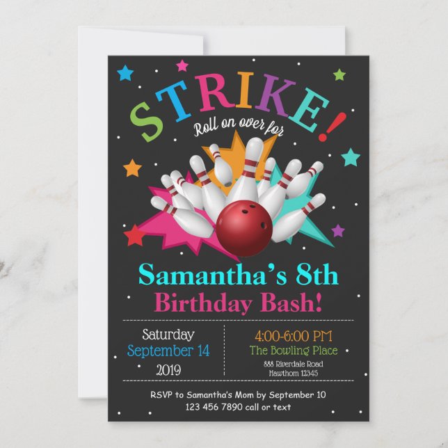 Bang Bowling Pin Birthday Personalise RSVP Invitation (Front)