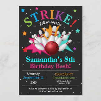 Bang Bowling Pin Birthday Personalise RSVP Invitation