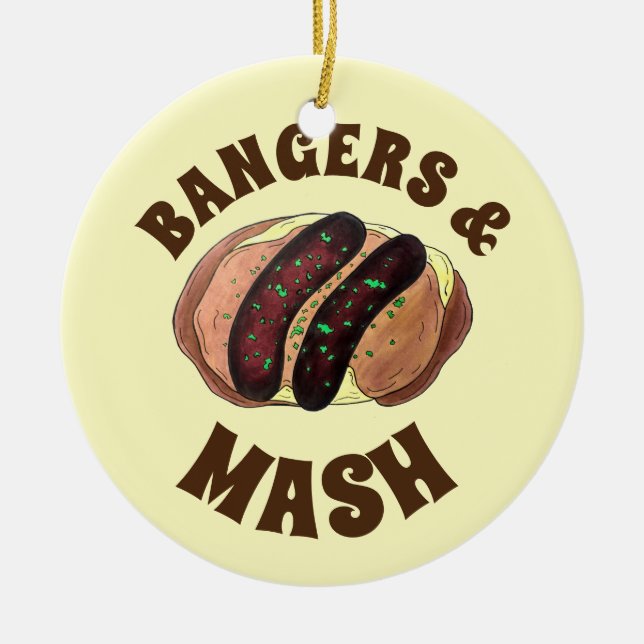 Bangers and Mash Sausage Potatoes British UK Food Ceramic Tree Decoration (Front)