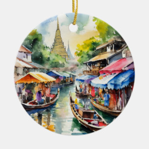 Bangkok Floating Market Thailand Watercolor Ceramic Tree Decoration