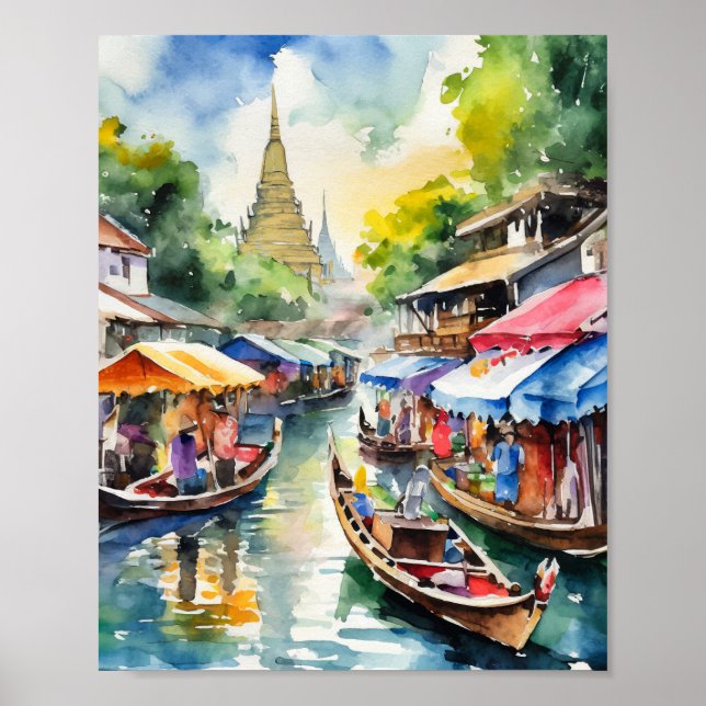 Bangkok Floating Markets Thailand Watercolor Poster (Front)
