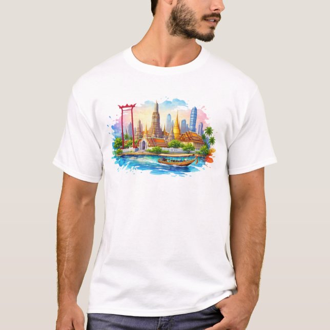 Bangkok landmarks with temples river and city skyl T-Shirt (Front)