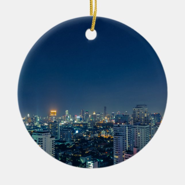 Bangkok skyline at night panorama ceramic tree decoration (Front)