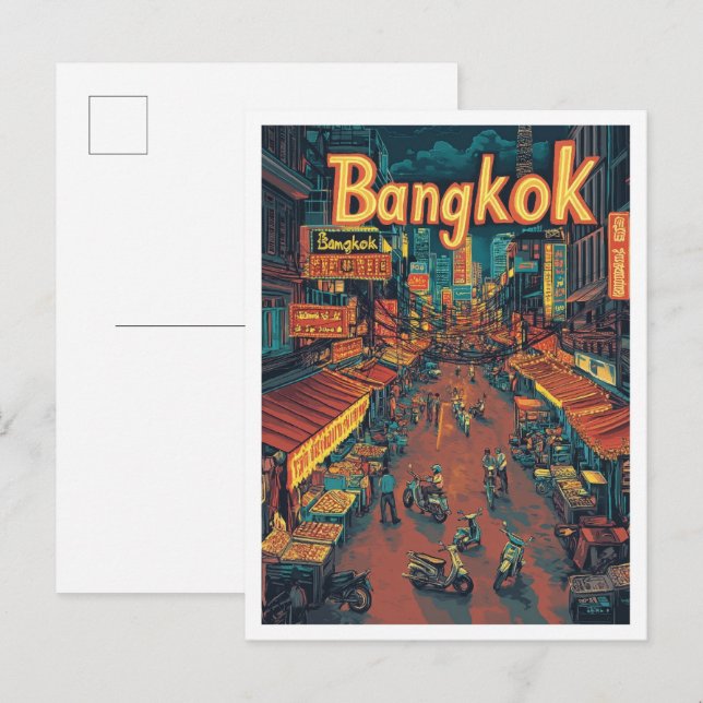 Bangkok Thailand Art Vintage Travel Illustration Postcard (Front/Back)