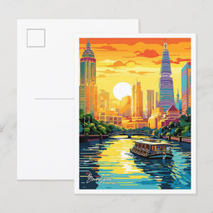 Bangkok Thailand Art Vintage Travel Illustration Postcard