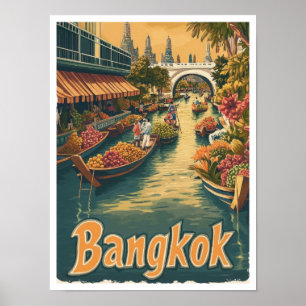 Bangkok Thailand Art Vintage Travel Illustration Poster