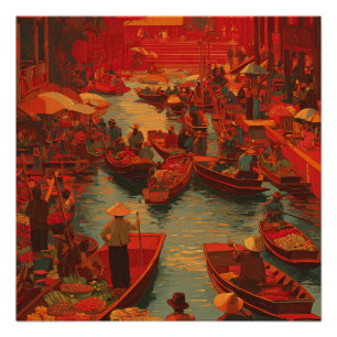 Bangkok Thailand Busy Market Vintage Travel Poster